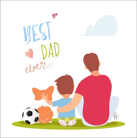 Father hugging his son sitting on the lawn. Back view. Best dad ever vector illustration. のイラスト素材