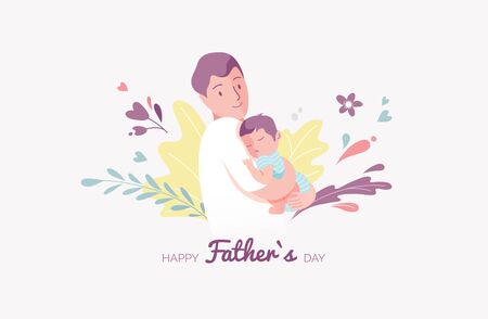 Vector Illustration Of Father Holding Baby Son In Arms. Happy Father`s Day Greeting Card.のイラスト素材