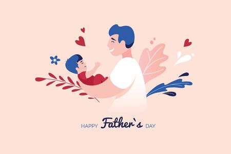 Vector Illustration Of Father Holding Baby Son In Arms. Happy Father`s Day Greeting Card.のイラスト素材