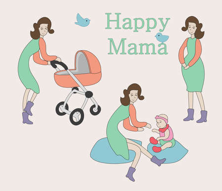 Happy mothers day flat vector illustration. Gift card design, mother and kidsのイラスト素材