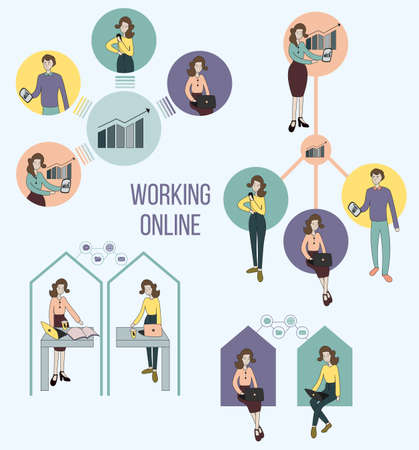 Online working people flat vector illustration Networking Work from homeのイラスト素材