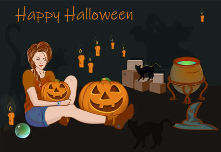 Happy Halloween poster design Pumpkin Witch and cat vector illustrationのイラスト素材