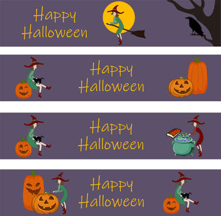 Happy Halloween internet banner template Witch and pumpkinsのイラスト素材