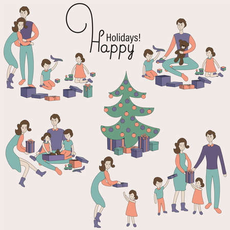 Family celebrating new year together, children and parents playing together, preparing for holidays flat vector illustrationのイラスト素材