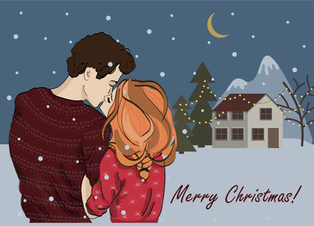 Romantic Christmas card, Winter magic illustration, Romantic date wintertime, holiday greeting card boyfriend, kissing couple new yearのイラスト素材