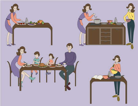 Woman cooking vector illustration, Mother making soup, Cartoon Family eating at the tableのイラスト素材