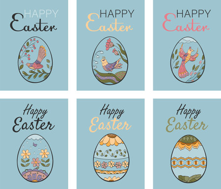 Set of Happy Easter greeting cards with floral ornament. Hand-painted Easter eggs with flowers and birds. Traditional abstract eggs decoration. Flat vector illustrationのイラスト素材