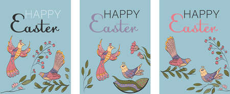 Set of Happy Easter greeting cards with singing birds abstract. Hand-painted flowers and birds. Vintage Easter poster design. Flat vector illustrationのイラスト素材