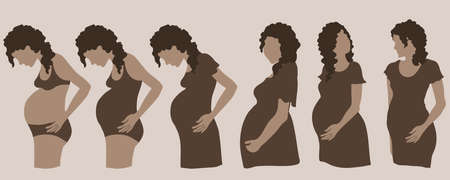 Pregnant woman flat vector illustration, Faceless female in different poses, Pregnant female in cute dress holding her bellyのイラスト素材