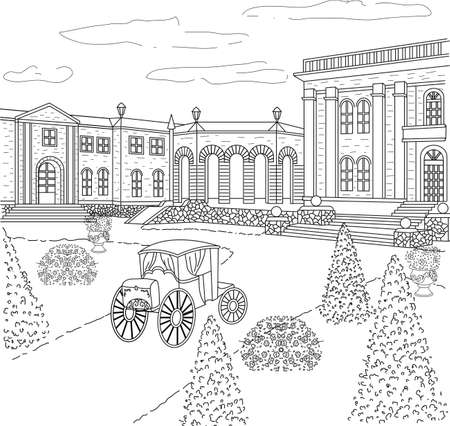 Retro palace line art coloring page, Classicism residence hand-drawn illustration, Architecture cityscapeのイラスト素材