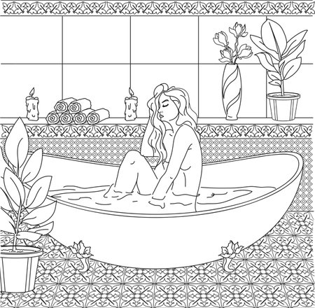 Beautiful naked woman in bath line art vector, Erotic coloring page for adult, Anti stress coloringのイラスト素材