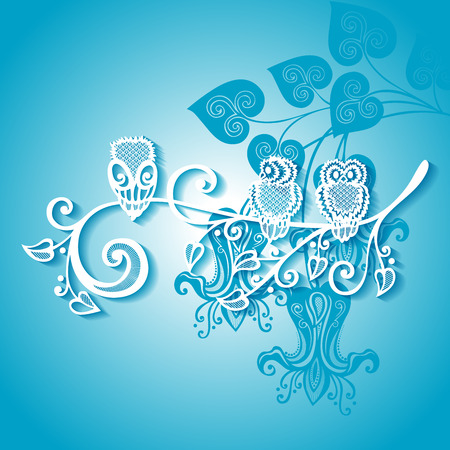 Three Owls on Ornate Branch  Vector  on Floral Backgroundのイラスト素材