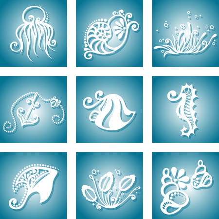 Vector Set Icons of Sea Flora and Faunaのイラスト素材
