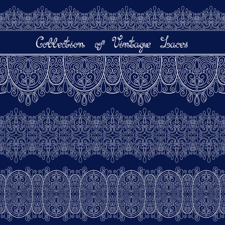 Vector Set of Vintage Template with Ornate Laces. Hand Drawn Borders in Trendy Linear Style. Wedding Decorのイラスト素材