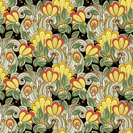 Seamless Floral Pattern (Vector). Hand Drawn Floral Texture, Decorative Flowers, Coloring Bookのイラスト素材