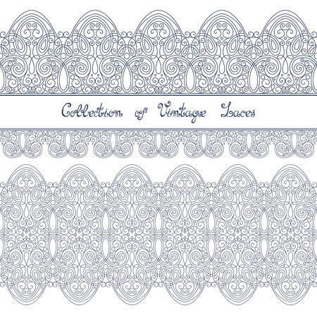 Vector Set of Vintage Template with Ornate Laces. Hand Drawn Borders in Trendy Linear Style. Wedding Decorのイラスト素材