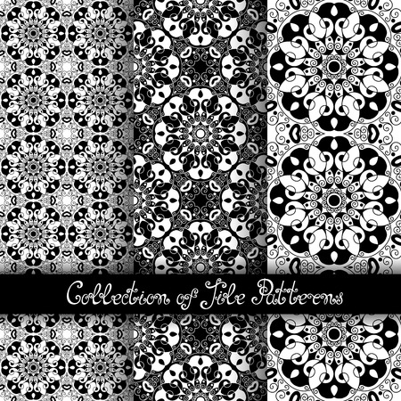 Set of 3 Seamless Vintage Patterns (Vector). Black and White Design. Hand Drawn Tile Texture, Ethnic Ornamentのイラスト素材