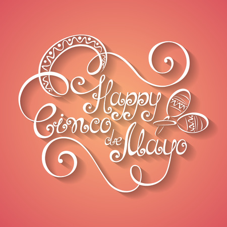 Vector Cinco de Mayo Inscription with Sombrero, Hand Drawn Holiday Lettering. Ornate Vintage Letteringのイラスト素材