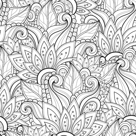 Seamless Monochrome Floral Pattern (Vector). Hand Drawn Floral Texture, Decorative Flowers, Coloring Bookのイラスト素材