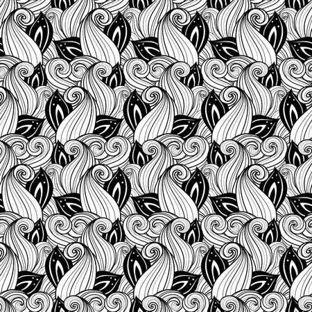 Vector Seamless Contour Floral Pattern. Hand Drawn Monochrome Floral Texture, Decorative Leaves, Coloring Bookのイラスト素材