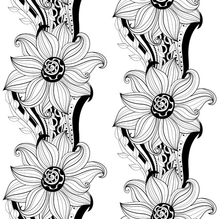 Vector Seamless Monochrome Floral Pattern. Hand Drawn Floral Texture, Decorative Flowers, Coloring Bookのイラスト素材