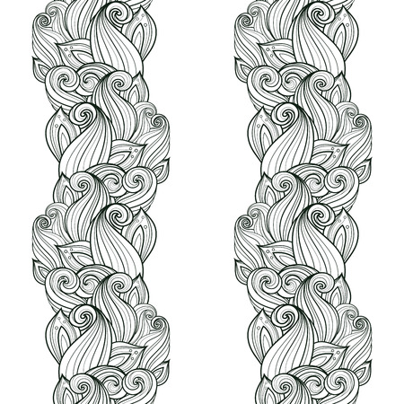 Vector Seamless Contour Floral Pattern. Hand Drawn Monochrome Floral Texture, Decorative Leaves, Coloring Bookのイラスト素材