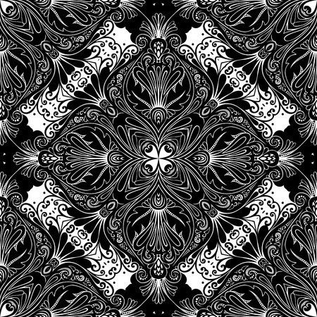 Vector Seamless Vintage Black and White Lace Pattern. Hand Drawn Tile Texture, Ethnic Ornamentのイラスト素材