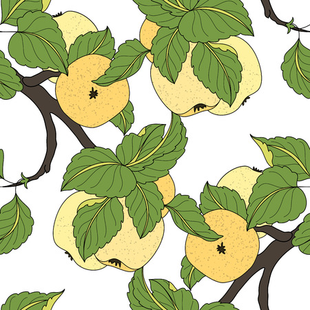 Vector Seamless Colored Fruit Pattern. Hand Drawn Decorative Branch of Apple Treeのイラスト素材