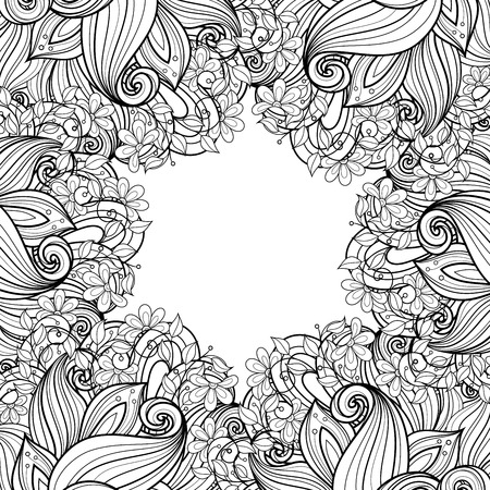 Vector Monochrome Floral Background. Hand Drawn Ornament with Floral Wreath. Template for Greeting Cardのイラスト素材