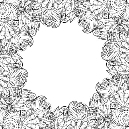 Vector Monochrome Floral Background. Hand Drawn Ornament with Floral Wreath. Template for Greeting Cardのイラスト素材