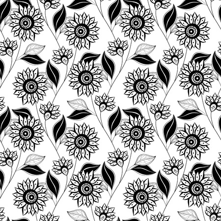 Vector Seamless Monochrome Floral Pattern. Hand Drawn Floral Texture, Decorative Flowers, Coloring Bookのイラスト素材