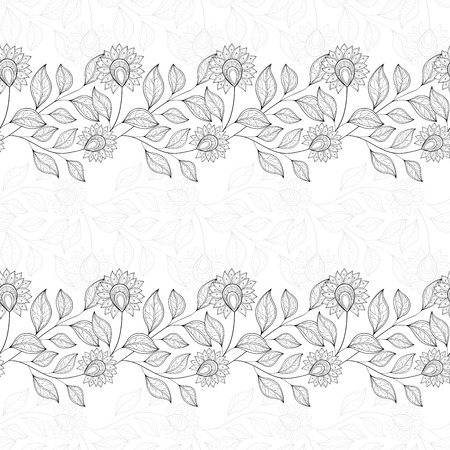 Vector Seamless Monochrome Floral Pattern. Hand Drawn Floral Texture, Decorative Flowers, Coloring Bookのイラスト素材
