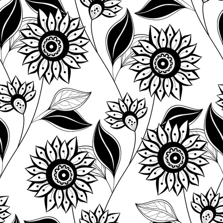 Vector Seamless Monochrome Floral Pattern. Hand Drawn Floral Texture, Decorative Flowers, Coloring Bookのイラスト素材