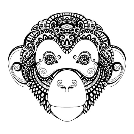 Vector Ornate Monkey Head. Patterned Tribal Monochrome Design. Symbol of the Year 2016 by Chinese Horoscopeのイラスト素材