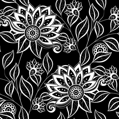Vector Seamless Monochrome Floral Pattern. Hand Drawn Floral Texture, Decorative Flowers, Coloring Bookのイラスト素材