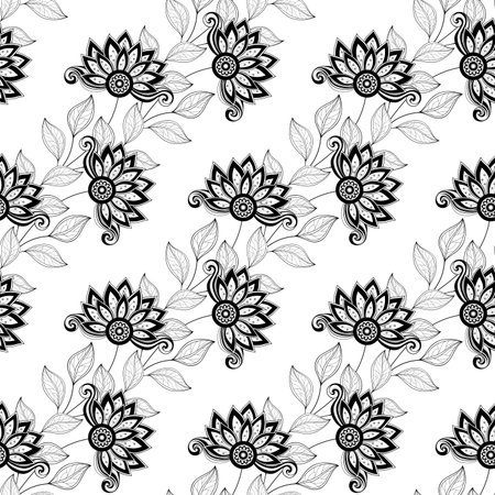 Vector Seamless Monochrome Floral Pattern. Hand Drawn Floral Texture, Decorative Flowers, Coloring Bookのイラスト素材
