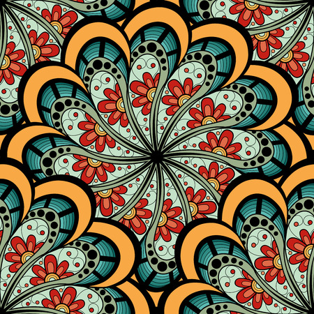 Vector Seamless Colored Ornate Pattern. Hand Drawn Mandala Texture, Vintage Indian Styleのイラスト素材