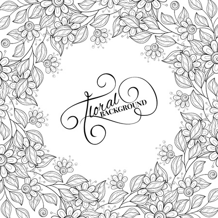 Vector Monochrome Floral Background. Hand Drawn Ornament with Floral Wreath. Template for Greeting Cardのイラスト素材