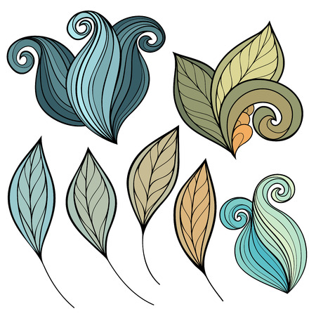 Vector Set of Colored Contour Flowers and Leaves, Floral Design Elementsのイラスト素材