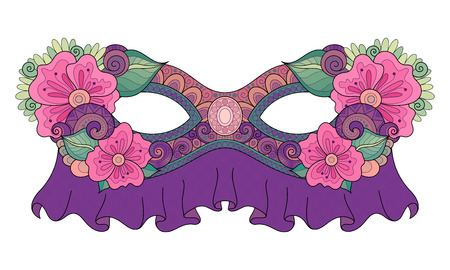 Ornate Colored Mardi Gras Carnival Mask with Decorative Flowers. Object for Greeting Cards, Isolated on White Backgroundのイラスト素材
