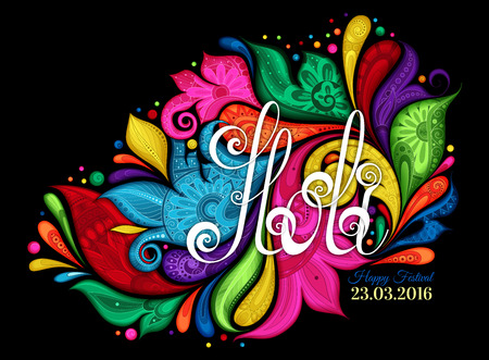 Vector Happy Holi Template with Multicolor Colorful Stains on Black Background. Hand Written Lettering on Ornate Hand Drawn Background with Floral Ornamentのイラスト素材