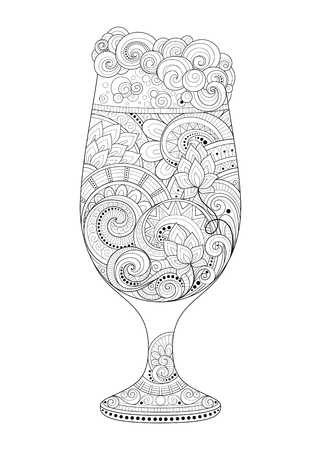 Vector Monochrome Contour Glass of Beer with Decorative Doodle Pattern. Original Design Element for Holiday Print Priducts - Octoberfest, Saint Patrick's Dayのイラスト素材