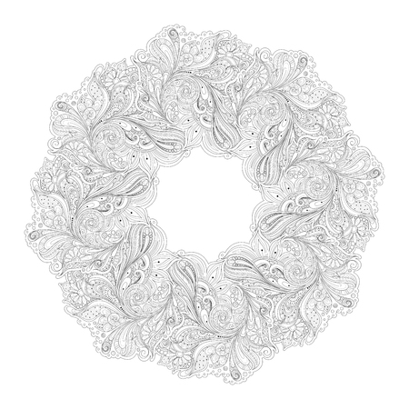 Vector Monochrome Floral Background. Hand Drawn Ornament with Floral Wreath. Template for Greeting Cardのイラスト素材