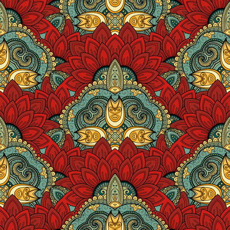 Vector Seamless Colored Ornate Pattern. Hand Drawn Mandala Texture, Vintage Indian Styleのイラスト素材