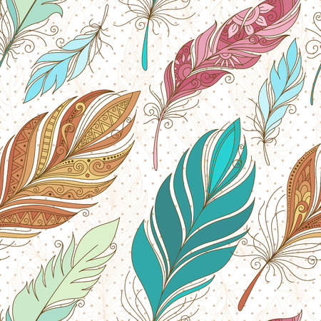 Vector Seamless Pattern with Doodle Feathers. Boho Style Romantic Collectionのイラスト素材