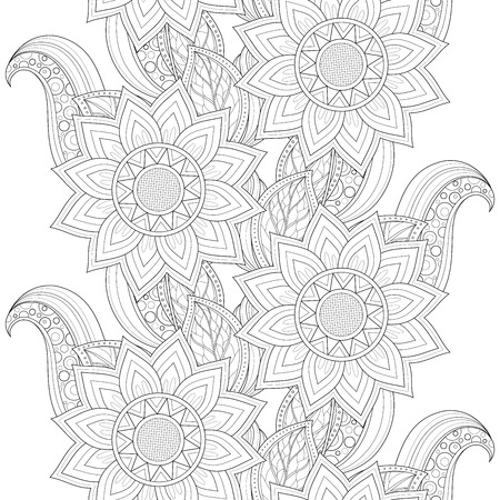 Vector Seamless Monochrome Floral Pattern. Hand Drawn Floral Texture, Decorative Flowers, Coloring Bookのイラスト素材