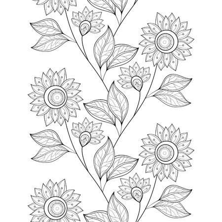 Vector Seamless Monochrome Floral Pattern. Hand Drawn Floral Texture, Decorative Flowers, Coloring Bookのイラスト素材