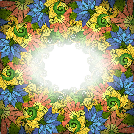 Vector Colored Floral Template with Place for Text. Abstract Flowers with Hand Drawn Ornament. Layout for Greeting Card, Cover Page etc. Clipping Mask Used for Editabilityのイラスト素材