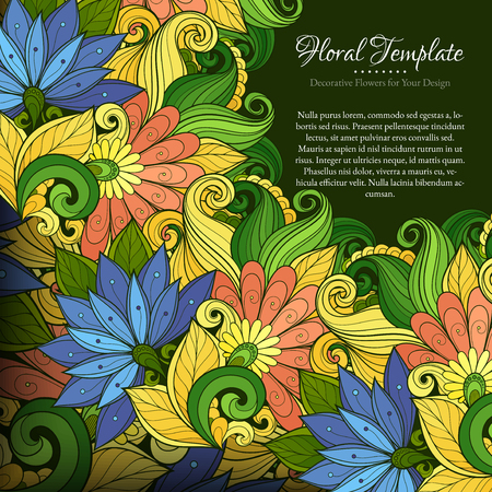 Vector Colored Floral Template with Place for Text. Abstract Flowers with Hand Drawn Ornament. Layout for Greeting Card, Cover Page etc. Clipping Mask Used for Editabilityのイラスト素材
