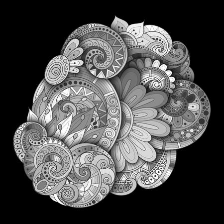 Vector Monochrome Floral Background. Hand Drawn Ornament with Flowers, Leaves and Herbs. Template for Greeting Cardのイラスト素材